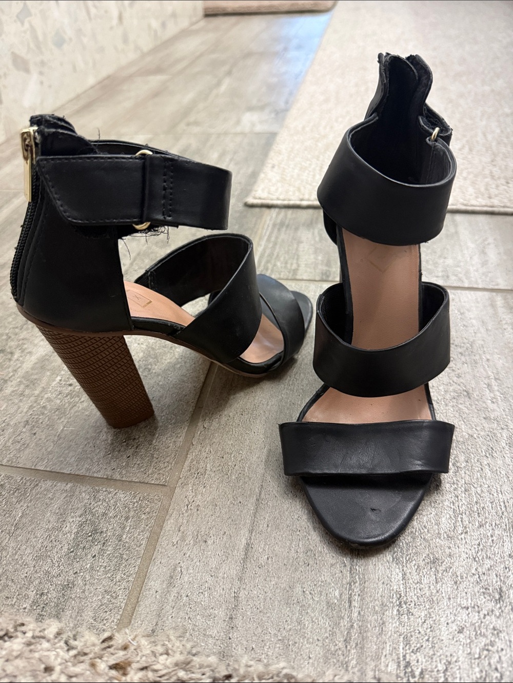 a new day Black Strappy Block Heel Sandals with Brown Wood-Texture Heel